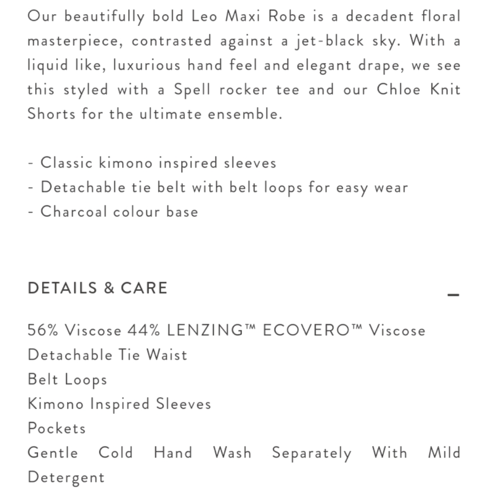 Spell Designs Leo Maxi Robe Kimono Charcoal S / M - Picture 13 of 16